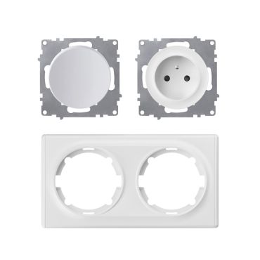 Schuko-Steckdose E-Typ und Lichtschalter mit Abdeckrahmen 2fach, , waagerecht, weiß