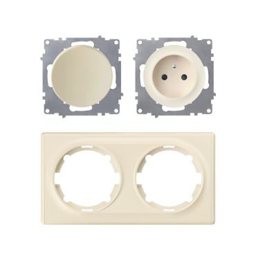 Schuko-Steckdose E-Typ und Lichtschalter mit Abdeckrahmen 2fach, , waagerecht, beige