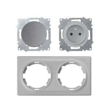 Schuko-Steckdose E-Typ und Lichtschalter mit Abdeckrahmen 2fach, , waagerecht, grau