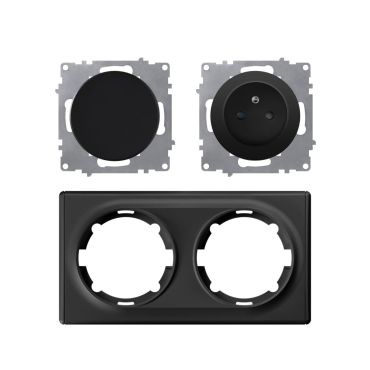 Schuko-Steckdose E-Typ und Lichtschalter mit Abdeckrahmen 2fach, , waagerecht, schwarz