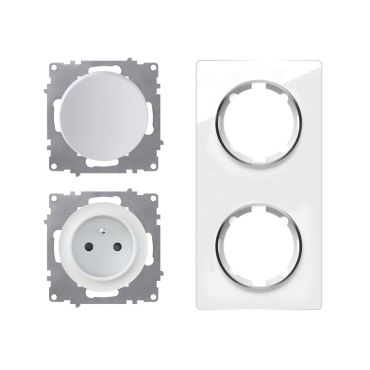 Schuko-Steckdose E-Typund Lichtschalter mit Glas-Abdeckrahmen 2fach, , senkrecht, weiß