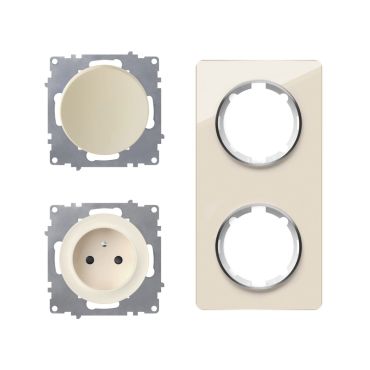 Schuko-Steckdose E-Typund Lichtschalter mit Glas-Abdeckrahmen 2fach, , senkrecht, beige