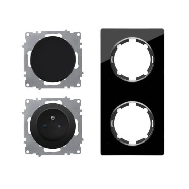 Schuko-Steckdose E-Typund Lichtschalter mit Glas-Abdeckrahmen 2fach, , senkrecht, schwarz