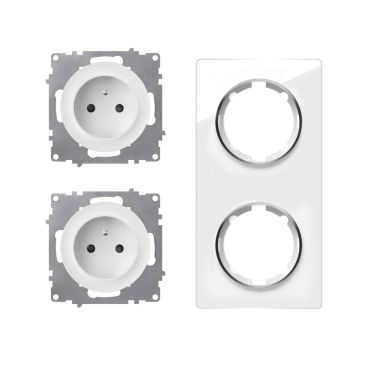 2х Schuko-Steckdose E-Typ mit Glas-Abdeckrahmen 2fach, , senkrecht, weiß