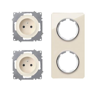 2х Schuko-Steckdose E-Typ mit Glas-Abdeckrahmen 2fach, , senkrecht, beige