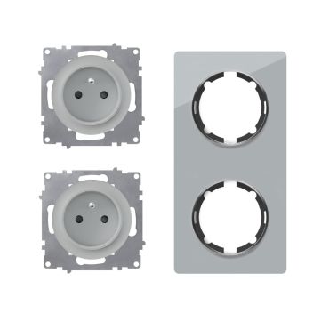 2х Schuko-Steckdose E-Typ mit Glas-Abdeckrahmen 2fach, , senkrecht, grau