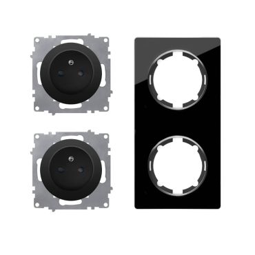 2х Schuko-Steckdose E-Typ mit Glas-Abdeckrahmen 2fach, , senkrecht, schwarz