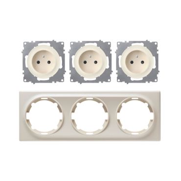 3x Schuko-Steckdose E-Typ mit Abdeckrahmen 3fach, , waagerecht, beige