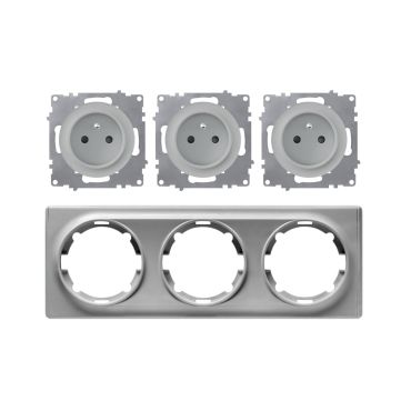 3x Schuko-Steckdose E-Typ mit Abdeckrahmen 3fach, , waagerecht, grau