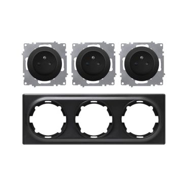 3x Schuko-Steckdose E-Typ mit Abdeckrahmen 3fach, , waagerecht, schwarz