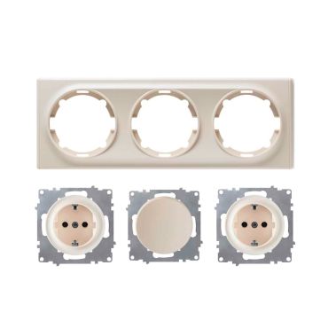 2x Schuko-Steckdose und Lichtschalter mit Abdeckrahmen 3fach, unterputz, waagerecht, beige