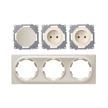 2x Schuko-Steckdose E-Typ und Lichtschalter mit Abdeckrahmen 3fach, waagerecht, beige