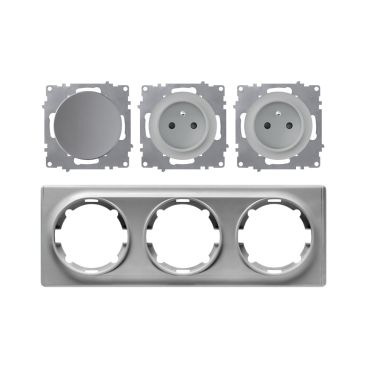 2x Schuko-Steckdose E-Typ und Lichtschalter mit Abdeckrahmen 3fach, waagerecht, grau