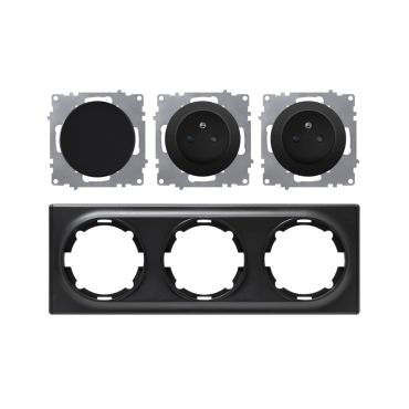 2x Schuko-Steckdose E-Typ und Lichtschalter mit Abdeckrahmen 3fach, waagerecht, schwarz