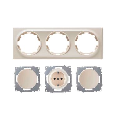 Schuko-Steckdose und 2x Lichtschalter mit Abdeckrahmen 3fach, unterputz, waagerecht, beige