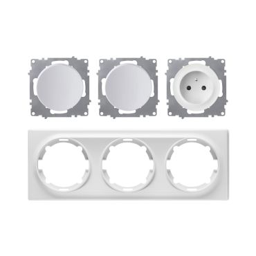 Schuko-Steckdose E-Typ und 2x Lichtschalter mit Abdeckrahmen 3fach, waagerecht, weiß