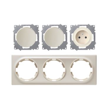 Schuko-Steckdose E-Typ und 2x Lichtschalter mit Abdeckrahmen 3fach, waagerecht, beige