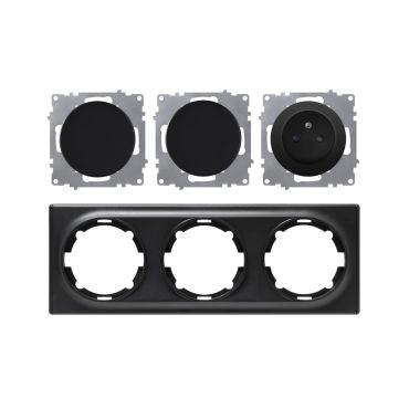 Schuko-Steckdose E-Typ und 2x Lichtschalter mit Abdeckrahmen 3fach, waagerecht, schwarz