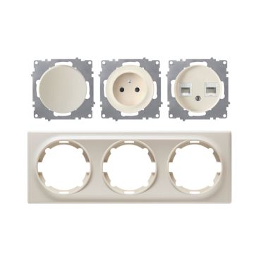 Schuko-Steckdose E-Typ, Lichtschalter, Daten-Anschlussdose 2-fach mit Abdeckrahmen 3fach, waagerecht, beige