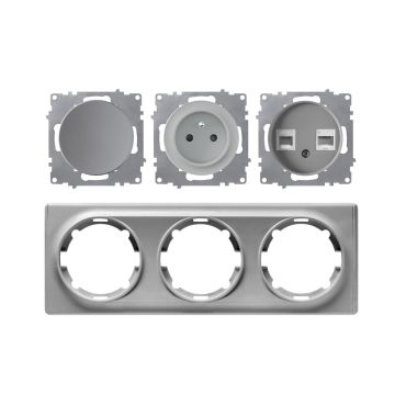 Schuko-Steckdose E-Typ, Lichtschalter, Daten-Anschlussdose 2-fach mit Abdeckrahmen 3fach, waagerecht, grau