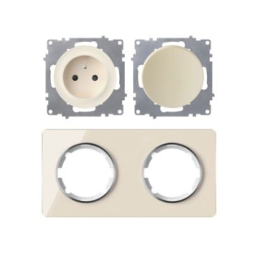 2x Schuko-Steckdose E-Typ mit Glass-Abdeckrahmen 2fach, , waagerecht, beige