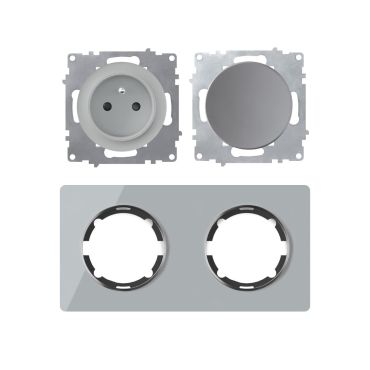 2x Schuko-Steckdose E-Typ mit Glass-Abdeckrahmen 2fach, , waagerecht, grau