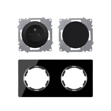 2x Schuko-Steckdose E-Typ mit Glass-Abdeckrahmen 2fach, , waagerecht, schwarz