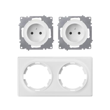 2x Schuko-Steckdose E-Typ mit Abdeckrahmen 2fach, unterputz, waagerecht, weiß
