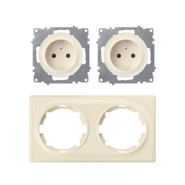 2x Schuko-Steckdose E-Typ mit Abdeckrahmen 2fach, unterputz, waagerecht, beige