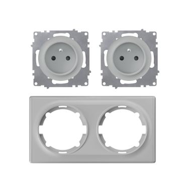 2x Schuko-Steckdose E-Typ mit Abdeckrahmen 2fach, unterputz, waagerecht, grau