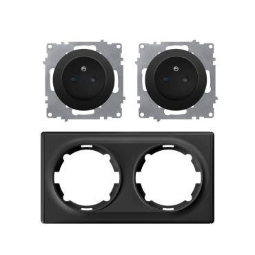 2x Schuko-Steckdose E-Typ mit Abdeckrahmen 2fach, unterputz, waagerecht, schwarz
