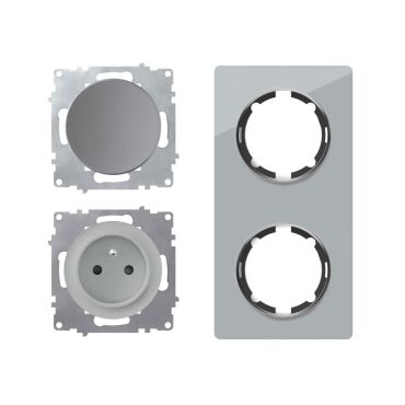 Schuko-Steckdose E-Typund Lichtschalter mit Glas-Abdeckrahmen 2fach, , senkrecht, grau