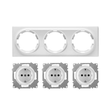 3x Schuko-Steckdose mit Abdeckrahmen 3fach, unterputz, waagerecht, weiß
