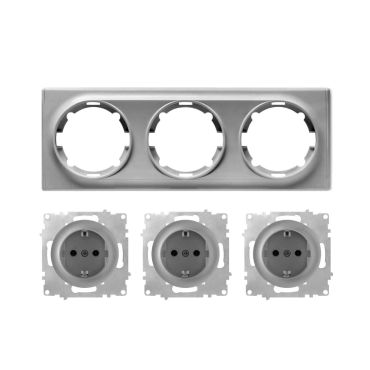 3x Schuko-Steckdose mit Abdeckrahmen 3fach, unterputz, waagerecht, grau