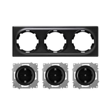 3x Schuko-Steckdose mit Abdeckrahmen 3fach, unterputz, waagerecht, schwarz