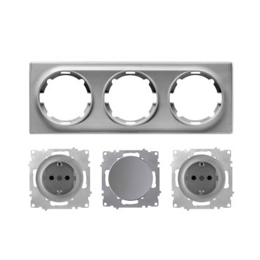 2x Schuko-Steckdose und Lichtschalter mit Abdeckrahmen 3fach, unterputz, waagerecht, grau