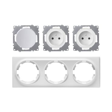2x Schuko-Steckdose E-Typ und Lichtschalter mit Abdeckrahmen 3fach, waagerecht, weiß