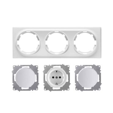 Schuko-Steckdose und 2x Lichtschalter mit Abdeckrahmen 3fach, unterputz, waagerecht