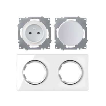 2x Schuko-Steckdose E-Typ mit Glass-Abdeckrahmen 2fach, , waagerecht, weiß
