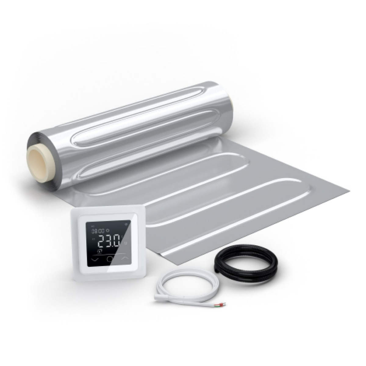 WARMON elektrische Fußbodenheizung für Laminat: Zweiader-Heizmatte mit Aluminiumfolie AluPro-80 (80 W/m²) mit Thermostat TP 750 Touch weiß 1 m²