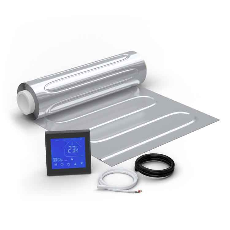 WARMON elektrische Fußbodenheizung für Laminat: Zweiader-Heizmatte mit Aluminiumfolie AluPro-80 (80 W/m²) mit Thermostat MCS 450 WIFI Touch schwarz 1 m²