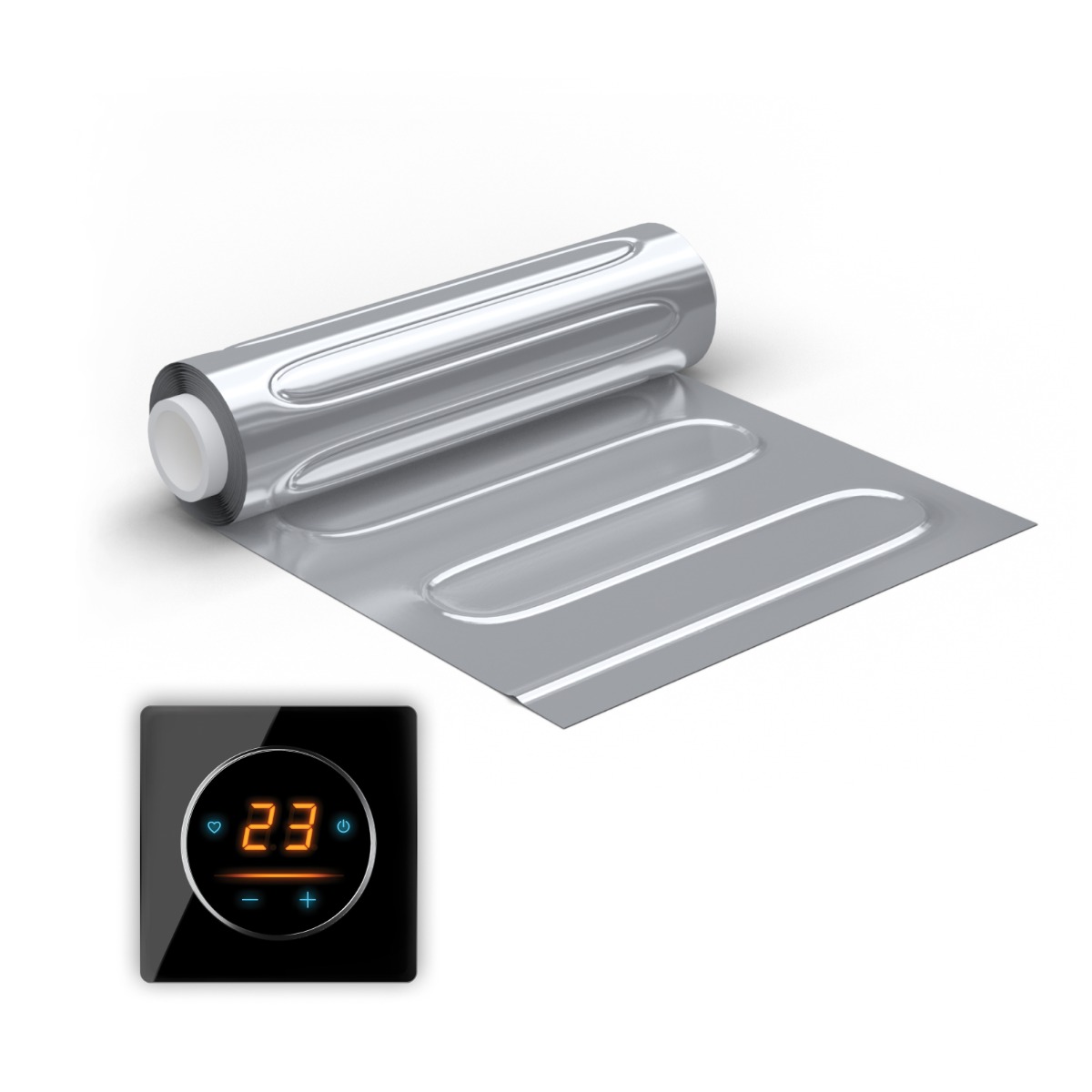 Elektrische Fußbodenheizung: Zweiader-Heizmatte mit Aluminiumfolie WARMON ALU 150 W/m² mit WiFi-Thermostat OKE-25 Touch und schwarzem Garda Glass-Abdeckrahmen - 7 m²