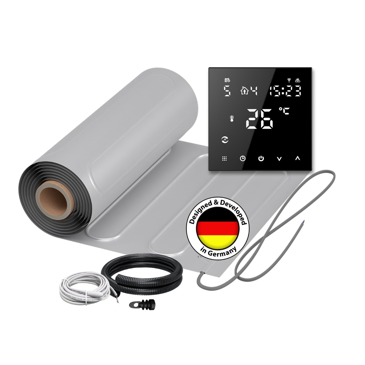 Elektrische Fußbodenheizung für Laminat: 2x Heizmatten WARMON ALU 150 W/m² (8+7 m²) inkl. TS 300 Smart WiFi Thermostat schwarz - 15 m²