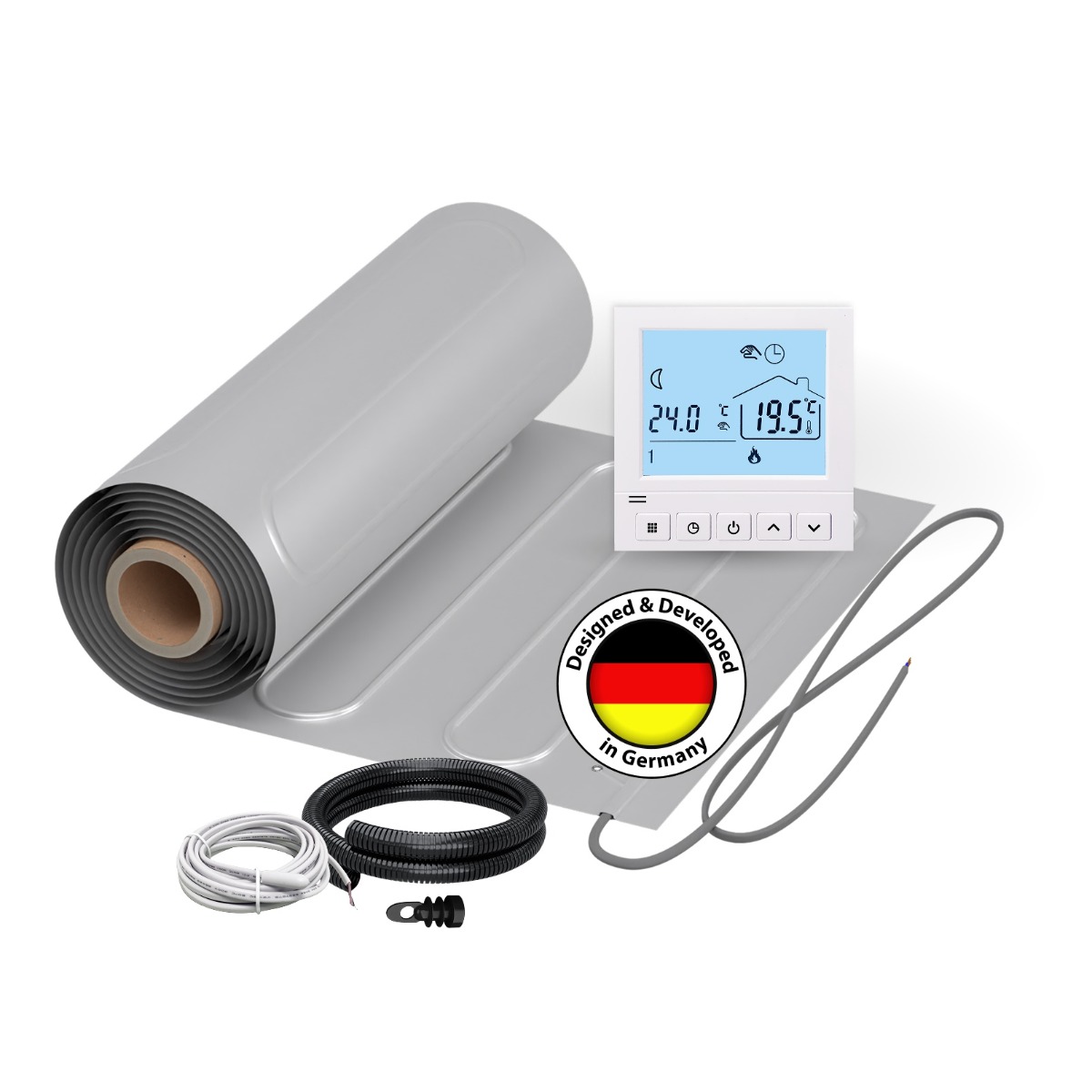 Elektrische Fußbodenheizung für Laminat: 2x Heizmatten WARMON ALU 150 W/m² (8+7 m²) inkl. TS 50 Thermostat digital weiß - 15 m²
