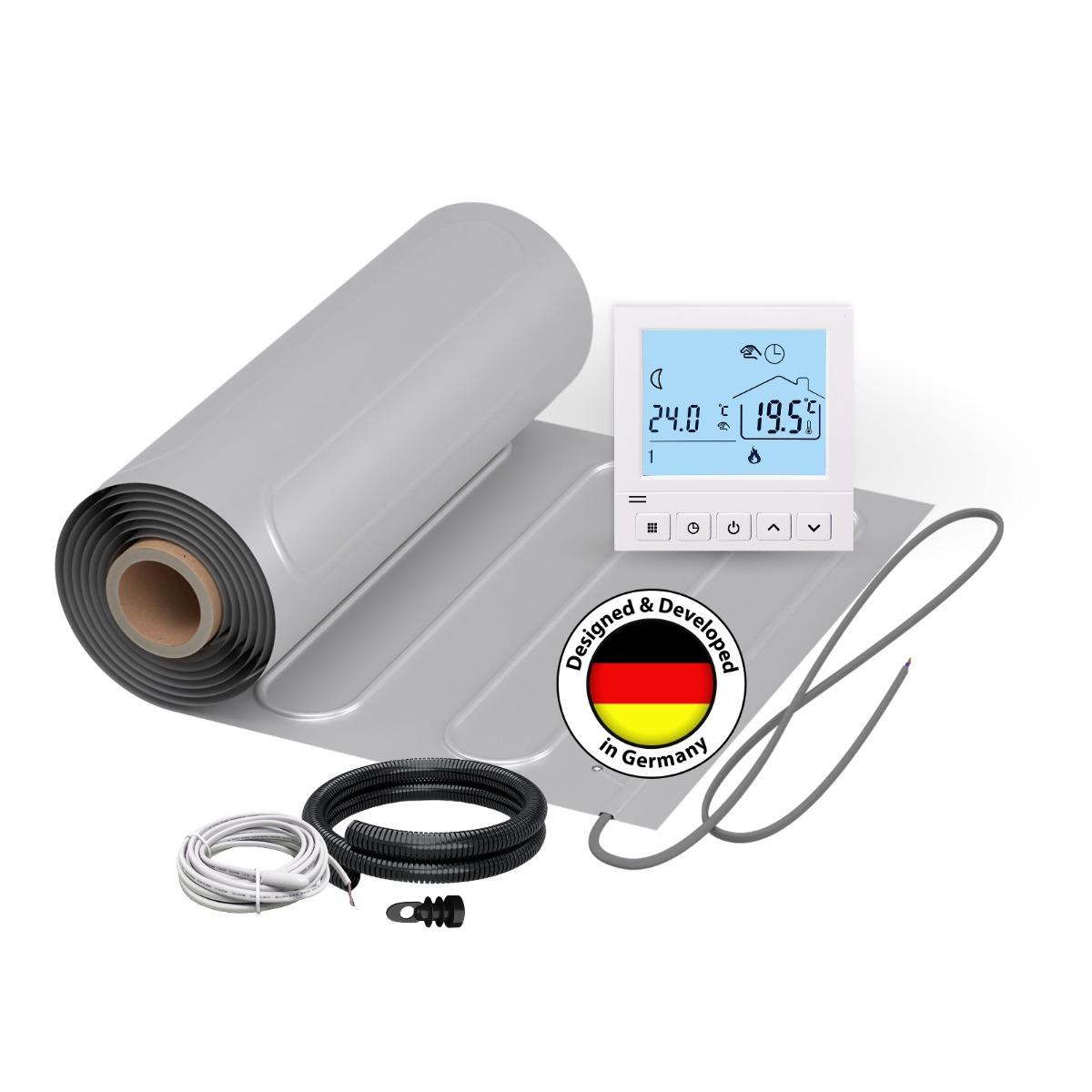 Elektrische Fußbodenheizung für Laminat: 2x Heizmatten WARMON ALU 150 W/m² (10+8 m²) inkl. TS 50 Thermostat digital weiß - 18 m²