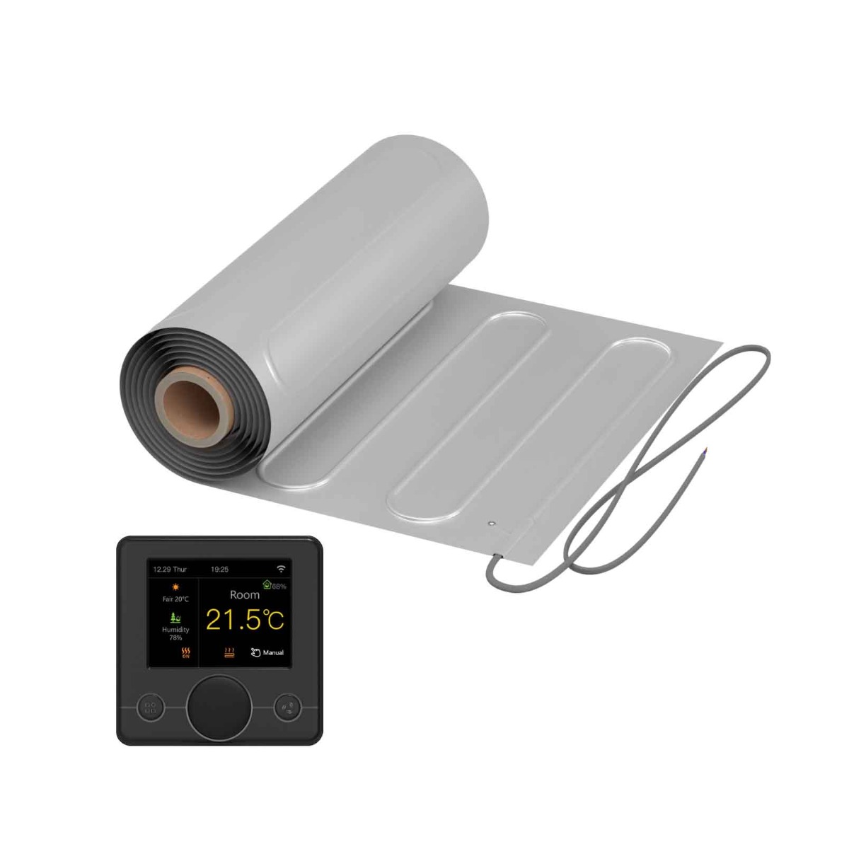 Elektrische Fußbodenheizung: Zweiader-Heizmatte mit Aluminiumfolie WARMON ALU 150 W/m² mit Smart Thermostat R7C-716 Smart WiFi Farb-LCD schwarz - 10 m²