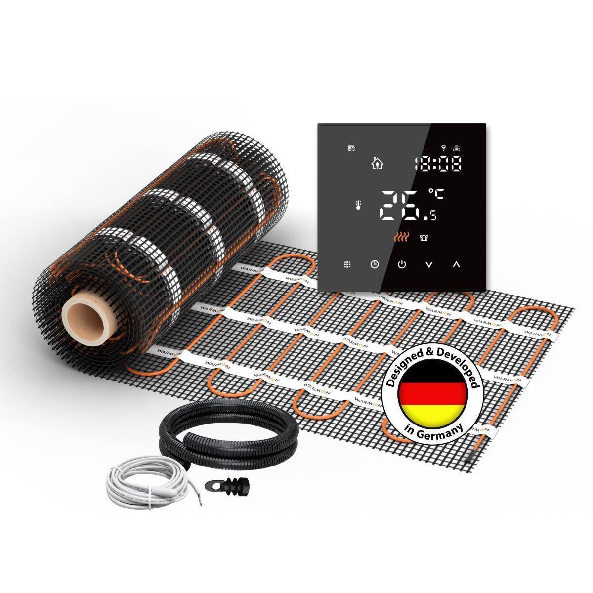 Elektrische Fußbodenheizung für Fliesen: 2x Heizmatten WARMON CLASSIC 150 W/m² (12+7 m²) inkl. TS 300 Smart WiFi Thermostat schwarz - 19 m²