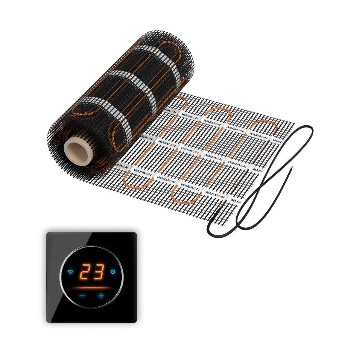 Elektrische Fußbodenheizung: Zweiader-Heizmatte WARMON CLASSIC LIGHT 100 W/m² mit WiFi-Thermostat OKE-25 Touch und schwarzem Garda Glass-Abdeckrahmen - 8 m²