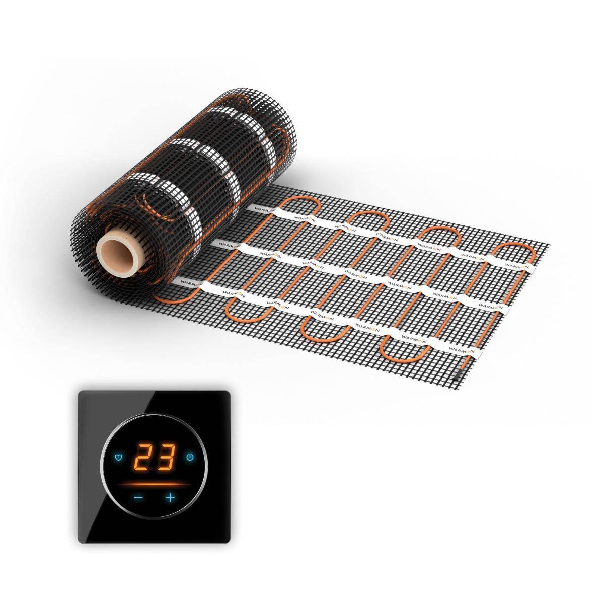 Еlektrische Fußbodenheizung: Zweiader-Heizmatte WARMON ULTRA 200 W/m² mit WiFi-Thermostat OKE-25 Touch und schwarzem Garda Glass-Abdeckrahmen - 7 m²